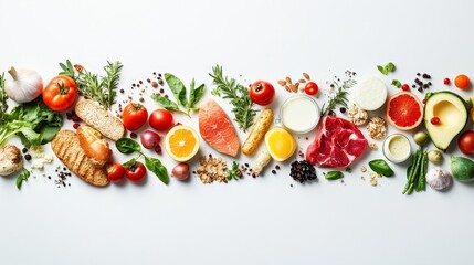 A vibrant arrangement of foods from the five food groups is displayed on a transparent white background