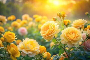 Watercolor Yellow Roses in a Dreamy Panoramic Landscape with Soft Focus, Ideal for Home Decor, Invitations, and Floral Arrangements, Capturing Nature’s Beauty in a Unique Perspective