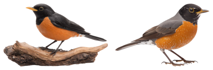 A vibrant bird with a black head and orange belly, perched on a natural wooden base.