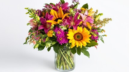 Obraz premium A vibrant bouquet of flowers in a glass vase stands out against a clean white background, creating a stunning visual effect.