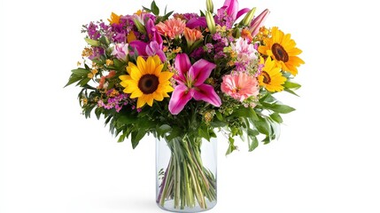 A vibrant bouquet of flowers in a glass vase stands out against a clean white background, creating a stunning visual effect.