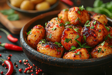 Tasty fried nuggets and potatoes on a table