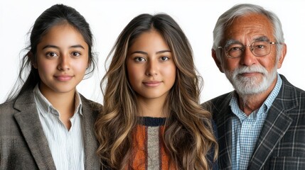 Peruvian business group, teens to seniors, professional dress, isolated, white background