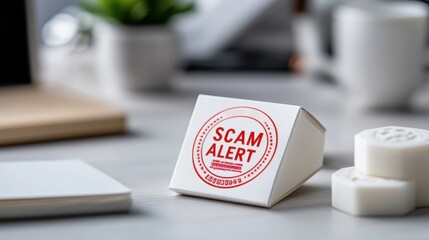 A small box with a red "SCAM ALERT" stamp, emphasizing caution against scams, set against a modern office backdrop.