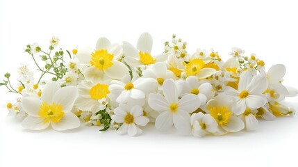 A vibrant bundle of white and yellow blooms rests gracefully on a pristine white background.