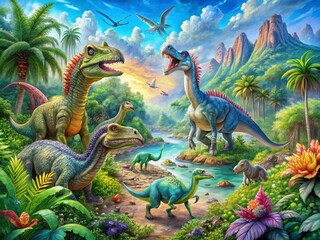 Whimsical Watercolor Dinosaurs in a Lush Prehistoric Landscape with Vibrant Colors and Detailed Textures for a Playful and Imaginative Ambiance