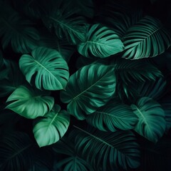 Dark Green Monstera Leaves, Tropical Texture, Jungle Pattern, Lush Foliage Background