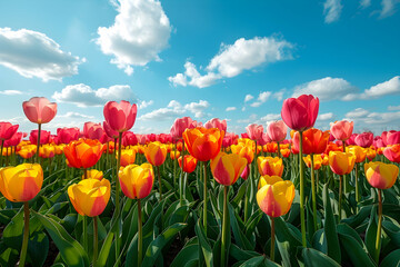 colorful tulips field with blue sky and clouds
