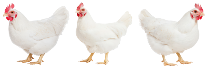 Three white chickens standing in a row, showcasing their distinctive features and postures.