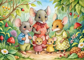 Fototapeta premium Whimsical Watercolor Illustration of a Mouse Family in a Cozy Woodland Setting, Perfect for Children's Rooms and Storybooks, Ideal for Kids' Decor and Educational Materials