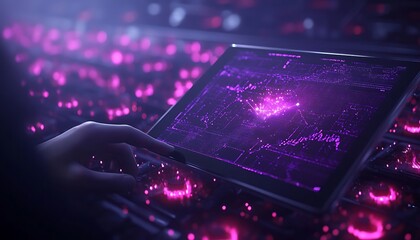 A hand interacts with a glowing tablet displaying vibrant purple digital patterns against a backdrop of abstract circuitry.
