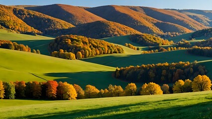Obraz premium Rolling hills covered in autumn foliage, vibrant green grass, and soft sunlight.