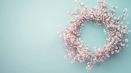 Elegant floral wreath on soft blue background: delicate spring blossoms Background, wall, space for text