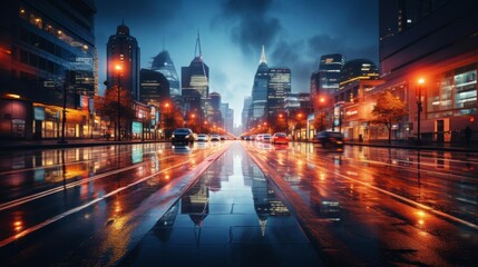 Fototapeta premium A city street with cars and a reflection of the city in the water