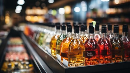 A row of liquor bottles on a shelf in a store