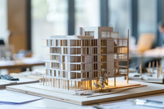 A miniature building model placed on a table, perfect for presentations or displays