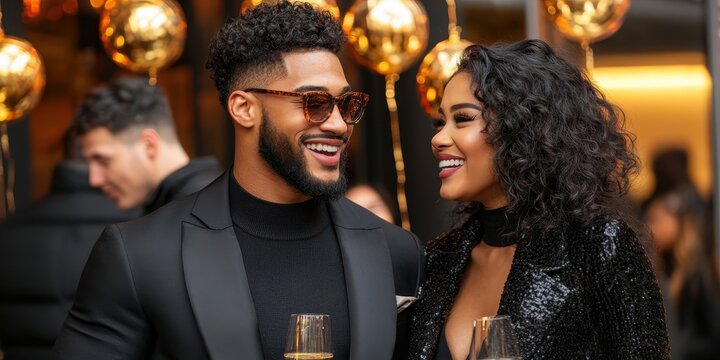 A stylish couple enjoying a glamorous party, dressed in elegant attire, surrounded by golden decorations and holding champagne glasses.