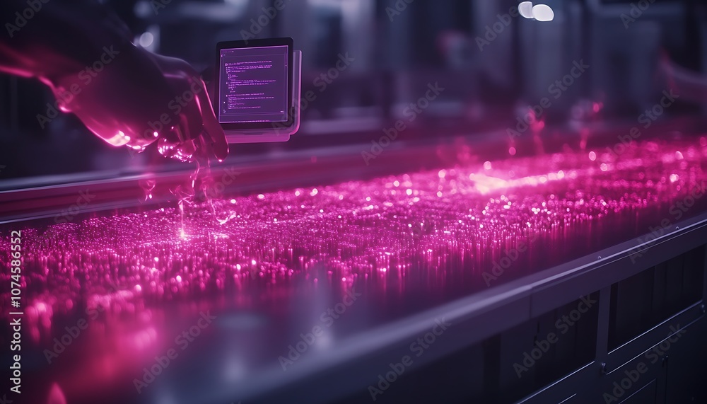 Fototapete A hand holds a device over a glowing pink surface filled with sparkling particles, creating a futuristic and vibrant atmosphere.
