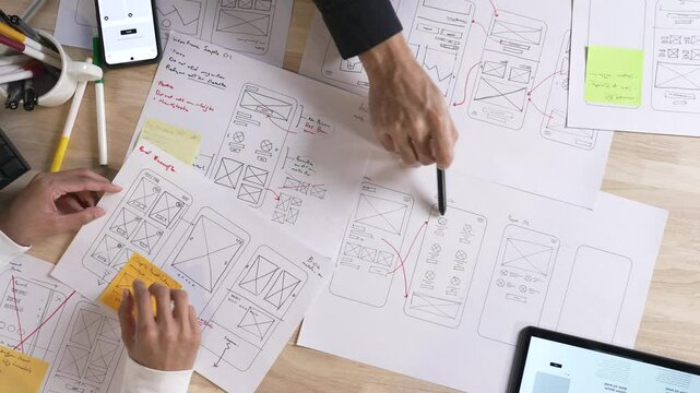 UX UI designers discussing and brainstorming on wireframes for a website and mobile app prototype, in the concept of website and mobile application design concept.