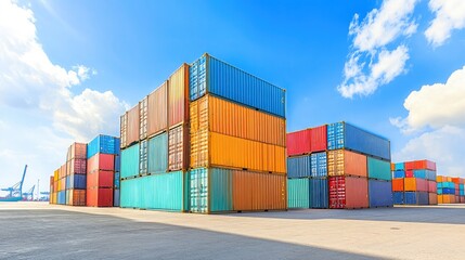 Colorful Shipping Containers Stacked in a Sunny Port with Blue Sky and Fluffy Clouds, Ideal for Logistic and Transportation Themes