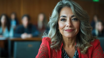 A confident woman in a red lace jacket sits in the foreground of a lecture hall, conveying a sense of empowerment and authority amidst a blurred group setting.