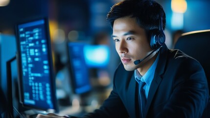 A focused professional wearing a headset, working on a computer in a dimly lit environment, likely involved in data analysis or technical support.
