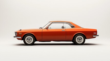 A vintage Datsun sports car, painted in a rich orange hue, is showcased against a smooth white background.
