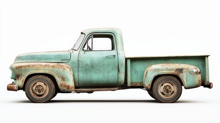A vintage pickup truck, painted in a rustic shade of green, is displayed against a crisp white background, showcasing its sturdy build and charming design.