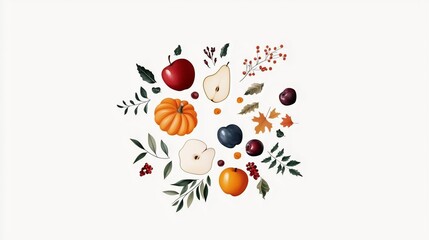 Colorful autumn harvest arrangement featuring apples, pears, pumpkins, and leaves on a light background for seasonal decor