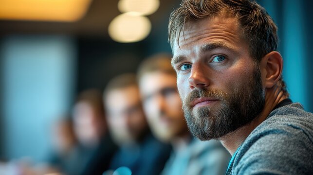 A bearded man with bright blue eyes gazes into the distance with a thoughtful expression, surrounded by a blurred background of colleagues in an office environment.
