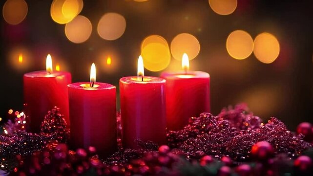 Four red advent candles burning on advent wreath with pine branches and red glitter ornaments, creating a cozy and festive atmosphere