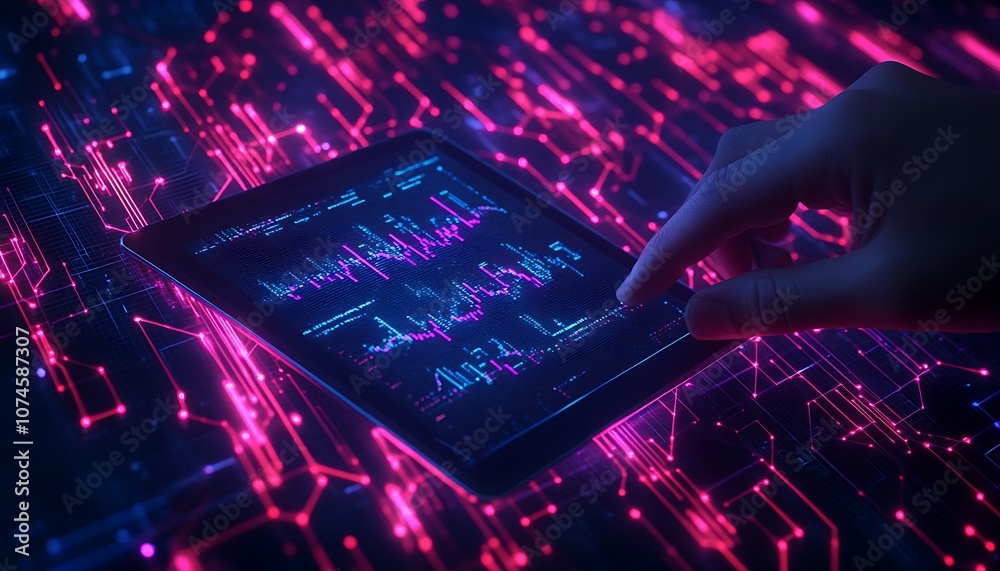 Poster a hand interacts with a glowing tablet displaying data visualizations amid vibrant, colorful digital