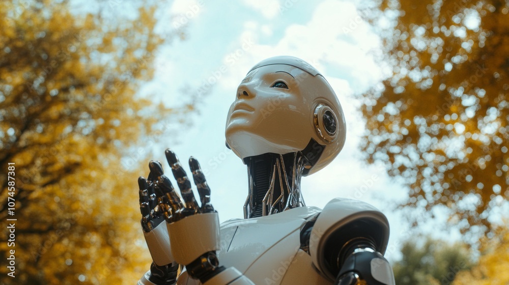 Poster A robot is standing in a forest and appears to be praying