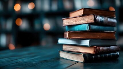 A stack of vintage books on a wooden table set against a backdrop of a warmly lit library, evoking...