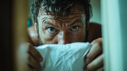 A close-up portrait showing a man with wet hair and intense eyes hiding behind a white towel, highlighting emotions of urgency or fear, with a focused stare.