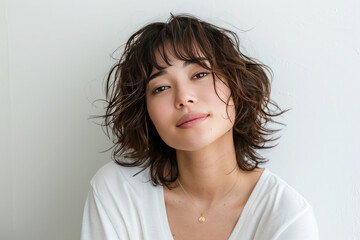 A woman with short hair and a necklace is smiling