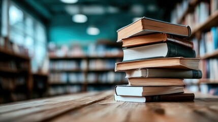 A series of books neatly arranged on a wooden table in a quiet library, providing a serene and intellectual atmosphere ideal for study and contemplation.
