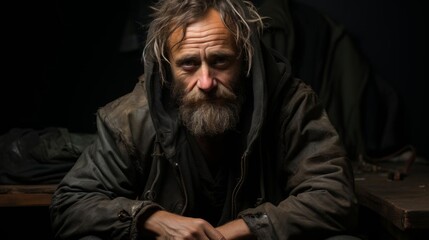 Obraz premium A man with a beard and long hair is sitting on a table