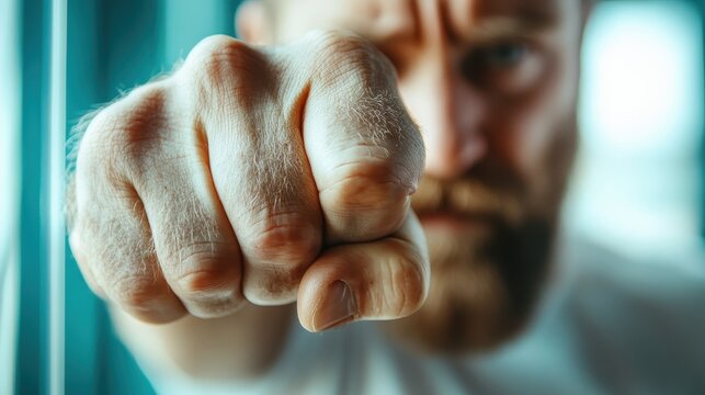 A forward-pointed fist captured with clear texture detail, highlighting emotion and resolve, against a soft background with strong focus on the dynamics of tension.