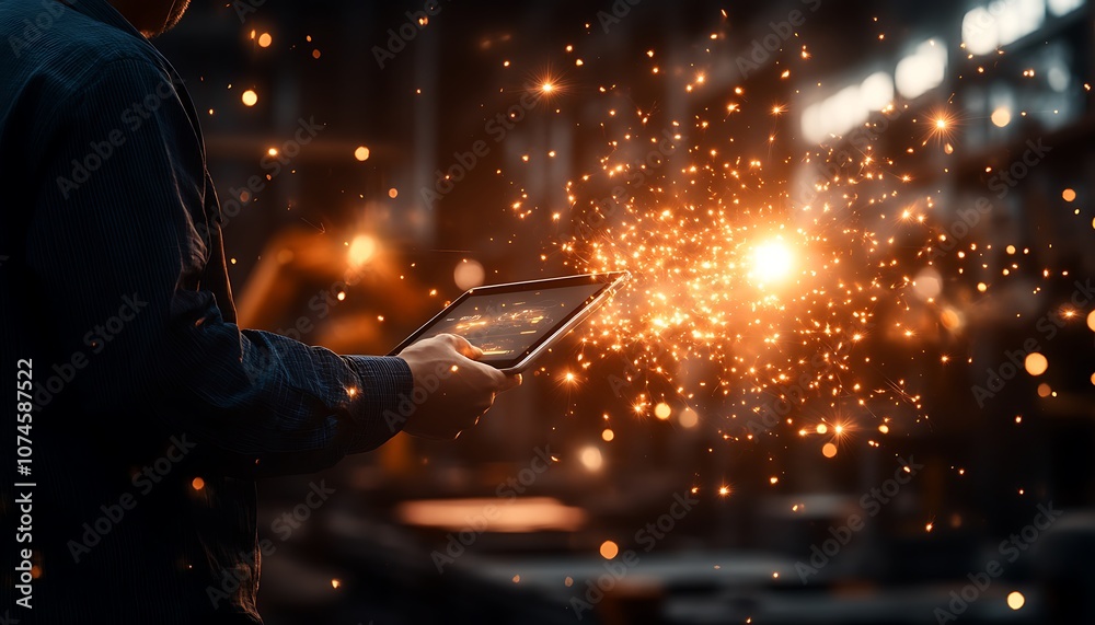Leinwandbilder a hand holds a tablet surrounded by vibrant sparks, creating a magical effect that showcases modern 