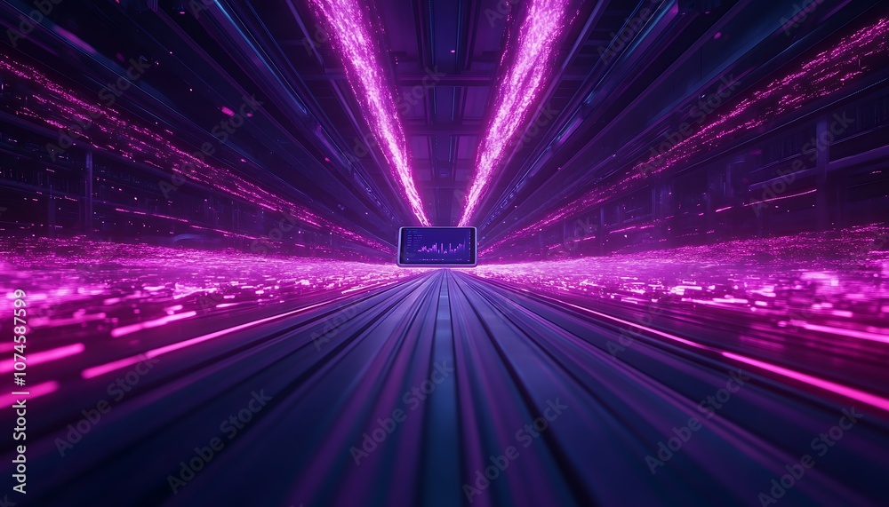 Poster a vibrant digital scene with glowing purple beams radiating from a central point, creating a sense o