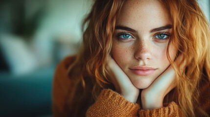 A freckled young woman with striking red hair and blue eyes looks pensively forward, capturing a serene moment of reflection in a soft, artistic style.