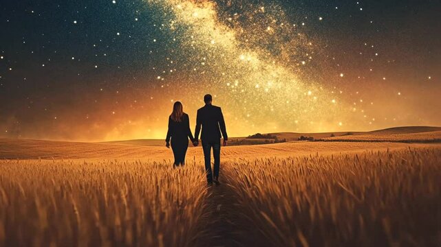 Silhouette of a couple walking through a wheat field under a starry sky.