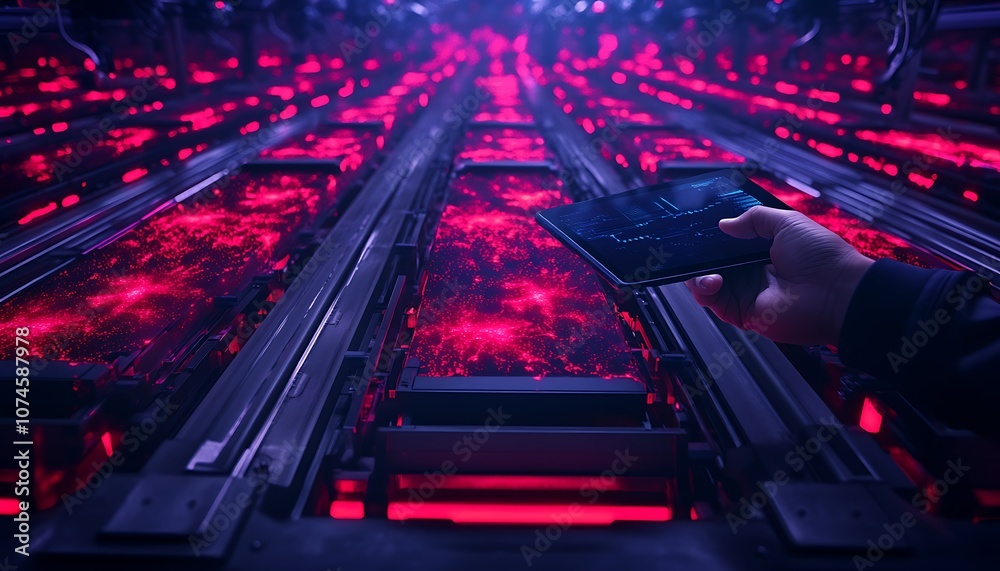 Poster A hand holds a device above a network of glowing red lights, creating a futuristic and technological atmosphere.