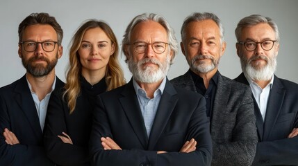 Portrait of Finnish senior business professionals, formal attire, calm and wise demeanor, isolated, white background