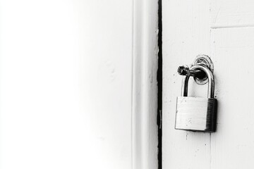 A black and white photograph of a lock on a door, useful for illustrating security or restriction themes