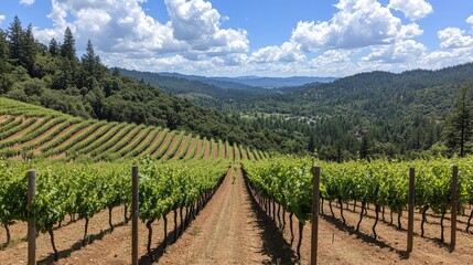 Naklejka premium Scenic Vineyard Landscape with Lush Grape Rows Beneath a Bright Blue Sky and Majestic Mountain Background in a Beautiful Rural Setting