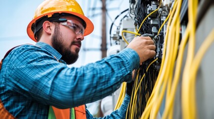 A technician in safety gear maintains electrical connections, surrounded by a network of yellow wires, ensuring efficient functionality and safety.