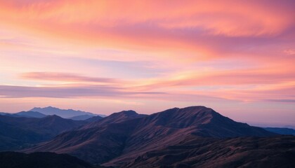 Obraz premium a view of a mountain range with a pink sky in the background