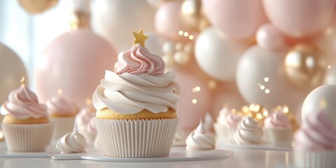 Beautiful cupcakes with swirled frosting and star decorations, surrounded by pink and gold balloons, creating a festive atmosphere.